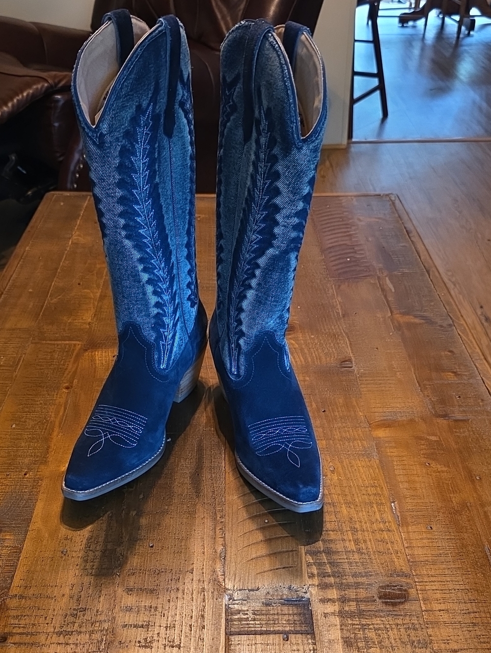 Idllewind Suede And Denim Western Knee-High Heeled Boots in Deep Blue